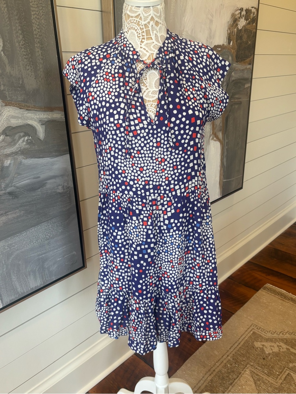 Tyler Boe Navy Polka Dot Keyhole Tie-Neck Dress with Red Accents